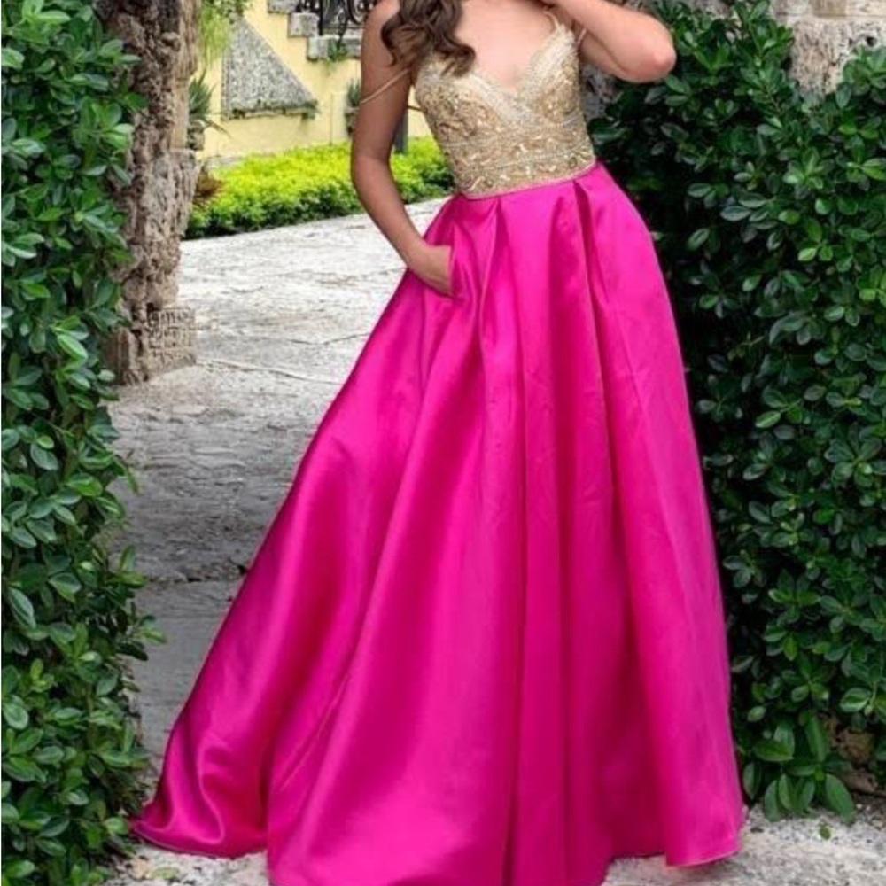 Prom dress , size 0, Camille la vie, fuchsia and gold color